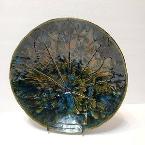 Large Studio Pottery Shallow Bowl, Blue Copper Mottled Glaze Leaf Design 11" Art